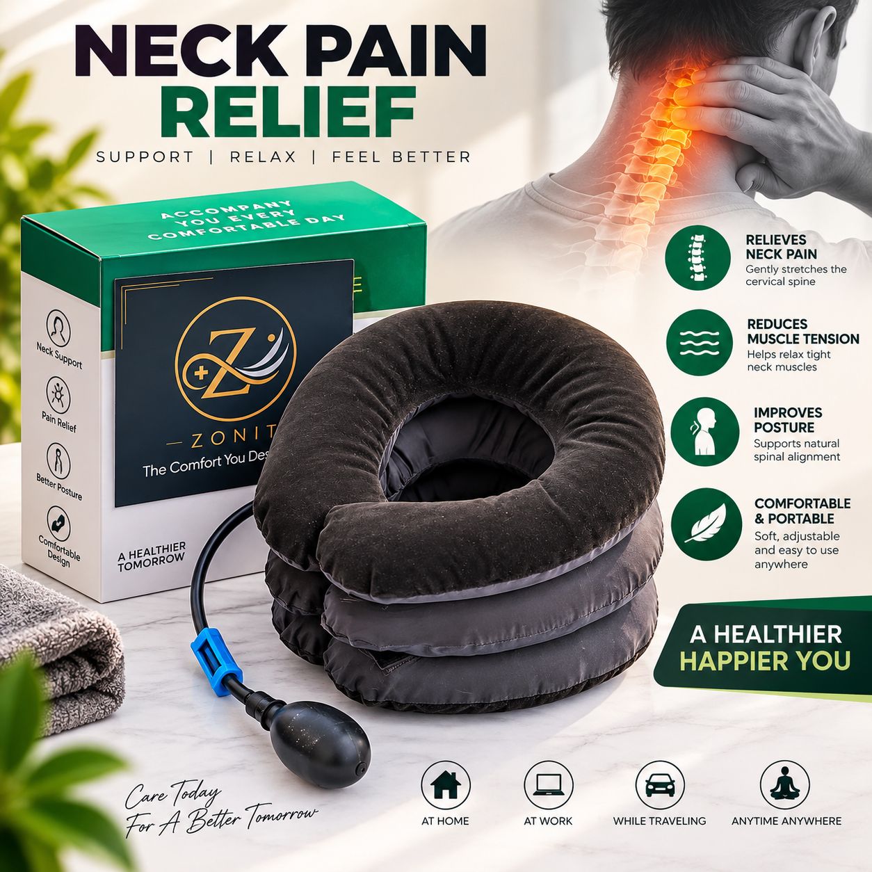Zonit Cervical Neck Traction Collar – Inflatable Neck Pain Relief Device